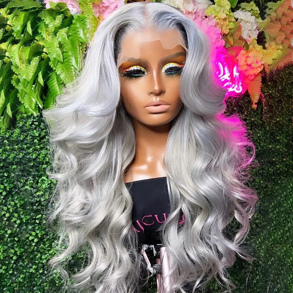 Silver Grey HD Transparent Lace Frontal Wig 12A Brazilian Body