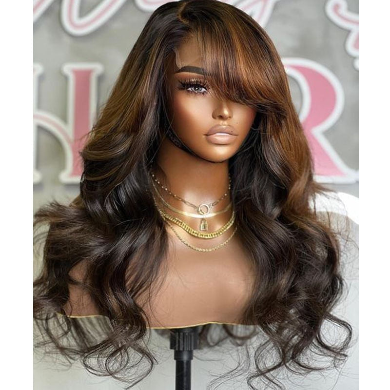 Side Heavy Bangs Light Brown 5x5 Lace Closure Human Hair Wigs