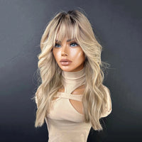 Thumbnail for Brazilian Human Hair Highlights Warmth Blonde Dark Roots  with Bangs Natural Wave Glueless