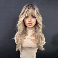 Thumbnail for Brazilian Human Hair Highlights Warmth Blonde Dark Roots  with Bangs Natural Wave Glueless