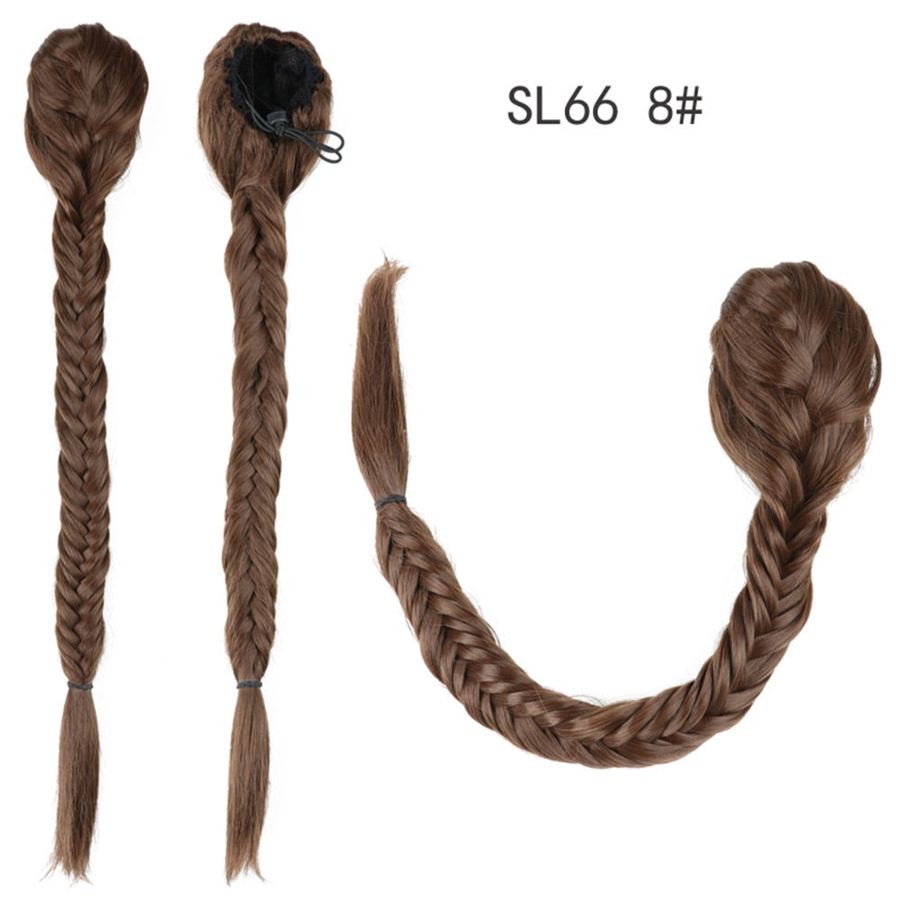 20 Inch Long Straight Synthetic Hair Extension Braided Fishtail Drawstring Ponytail Hair