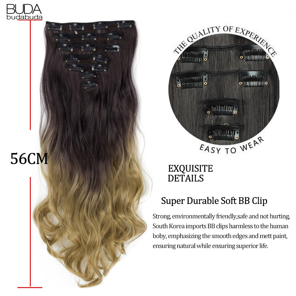 16 Clips In Hair Extensions Natural Wave 7 Pcs/Set 22 Inch Synthetic