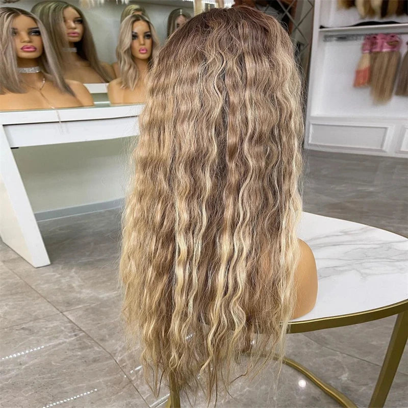 Ash Brown Roots Blonde Highlights Natural Human Hair Wig