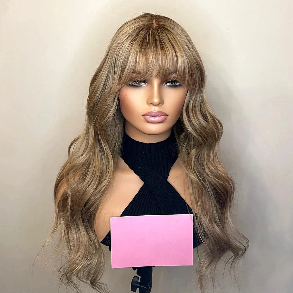 Bangs Wig Full Lace Highlight Wig Light Brown Roots Caramel Blonde 180% Density