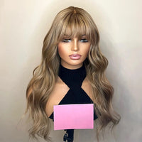 Thumbnail for Bangs Wig Full Lace Highlight Wig Light Brown Roots Caramel Blonde 180% Density