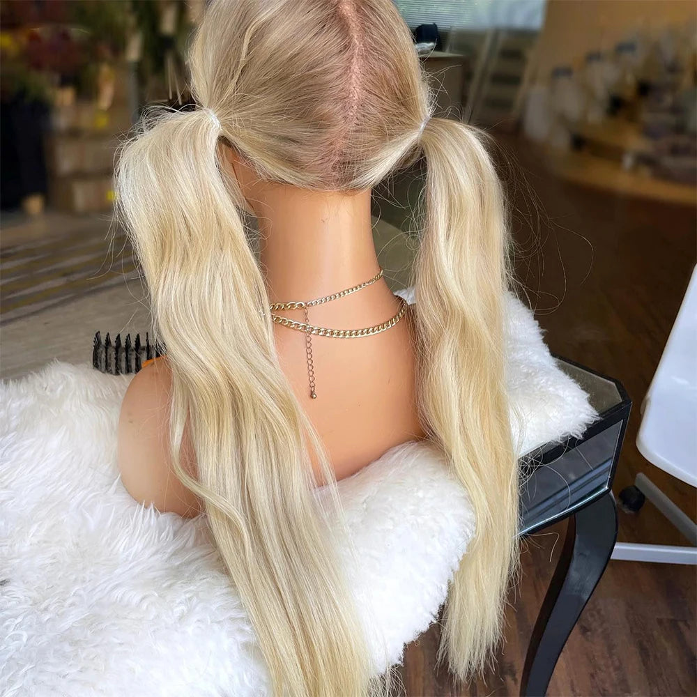 100% Brazilian Human Hair Wigs Highlights Golden Blonde Full Lace Wig with Ash Roots HD Slight Natural Wave