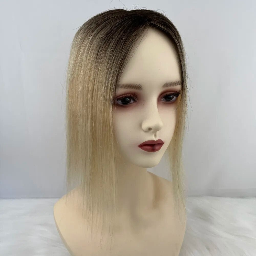 #60 Two Tone Ombre Silk Skin Base Toupee with 3 Clips In Brazilian Human Hair