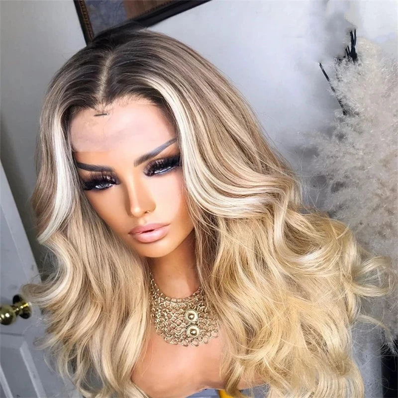 Ash Blonde Human Hair Wigs Natural wave HD Transparent Lace Brown Roots Ombre Pre Plucked Blonde HD