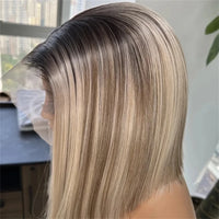 Thumbnail for Short Bob Wig Ombre Ash Blonde Straight Lace Front Wig Brazilain Natural Hairline Wig 180% Density Preplucked Hairline