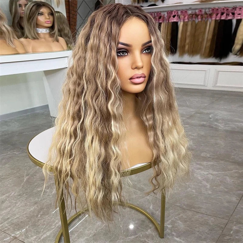 Ash Brown Roots Blonde Highlights Natural Human Hair Wig