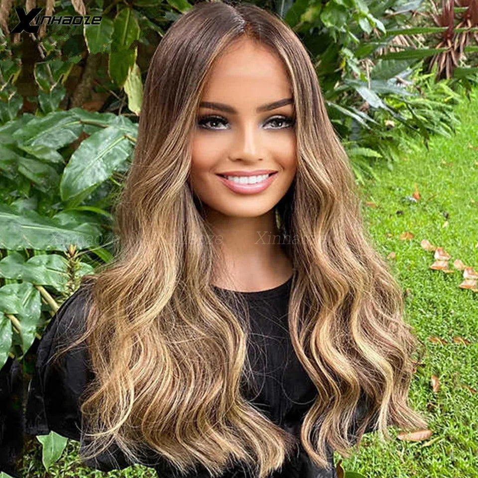 Body Wave Wig Brown Roots Ombre Blonde with Baby Hair