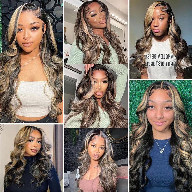 30 32 inch Highlight Body Wave Lace Front Wig Human Hair Wear and Go Glueless Wig PrePlucked 250% Density Ombre Lace Front Wigs