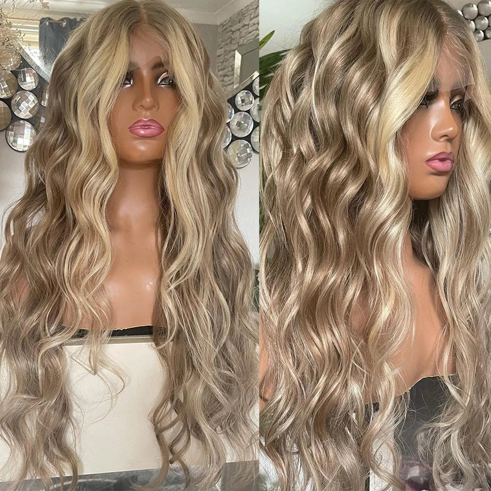 Highlights Blonde Light Ash Root Melting Wig Loose Wave 100% Premium Virgin Human Hair Wig