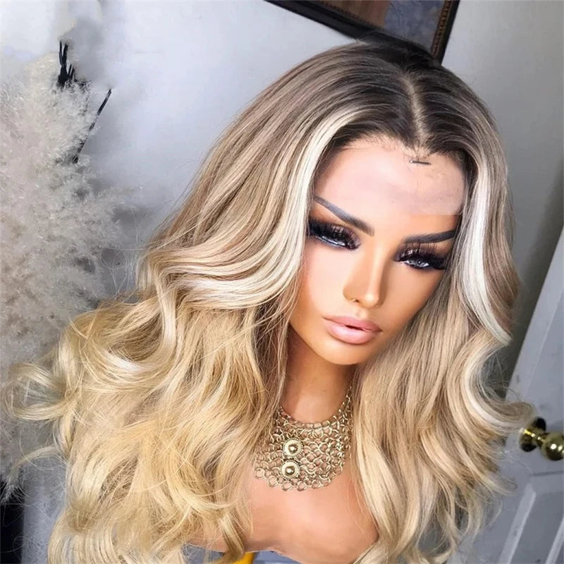 Ash Blonde Human Hair Wigs Natural wave HD Transparent Lace Brown Roots Ombre Pre Plucked Blonde HD