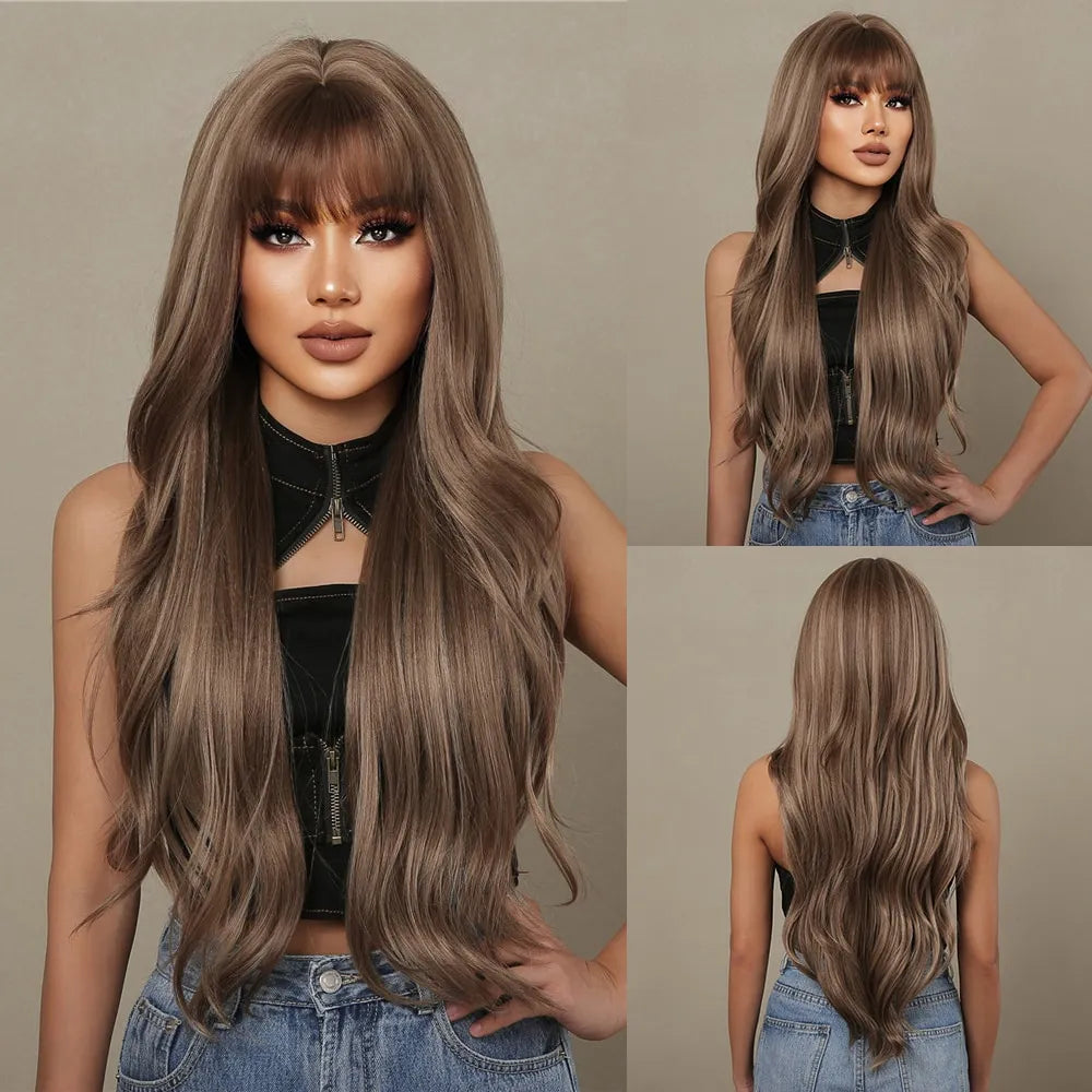 Brown Mixed Blonde Synthetic Wigs with Bang Long Natural Wavy Hair