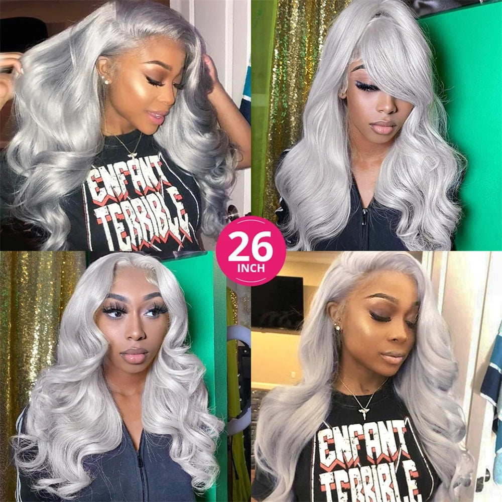 Silver Grey HD Transparent Lace Frontal Wig 12A Brazilian Body Wave Wig