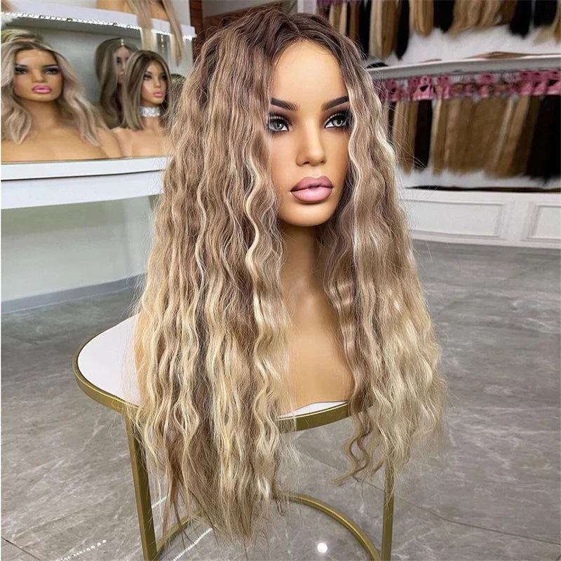 Ash Brown Roots Blonde Highlights Natural Human Hair Wig