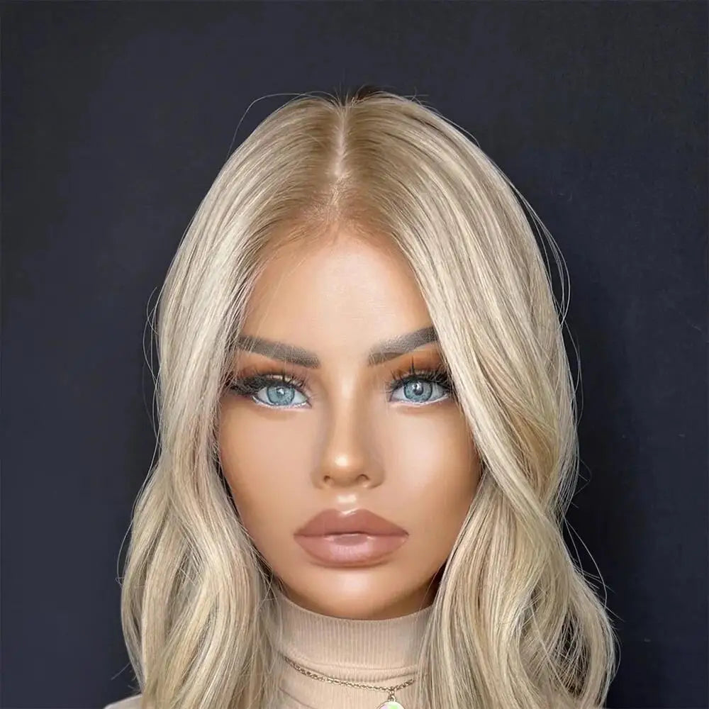 Ombre Blonde 13X4 Transparent Lace Front Human Hair Wig Brown Root Loose Wave Ash Blonde Pre Plucked