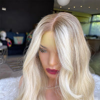 Thumbnail for 100% Brazilian Human Hair Wigs Highlights Golden Blonde Full Lace Wig with Ash Roots HD Slight Natural Wave