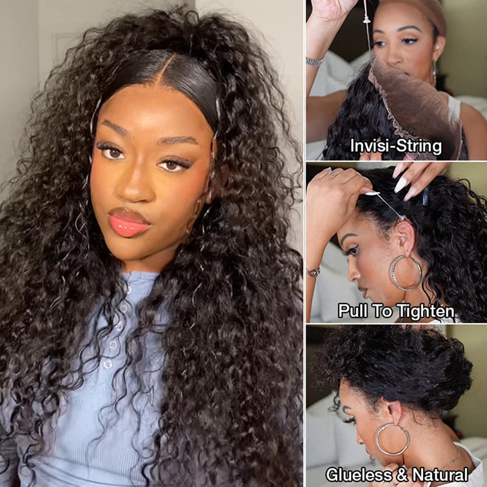 Draw String 360 Lace Front Wig Human Hair Deep Wave Invisi Strap Snug -Pre Cut Lace Wig