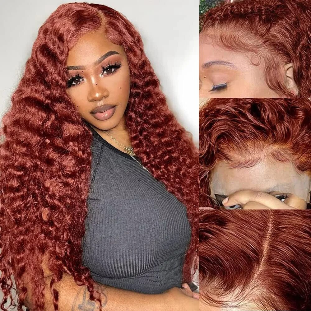 Reddish Brown Deep Wave Curly Lace Front Brazilian Human Hair Wigs