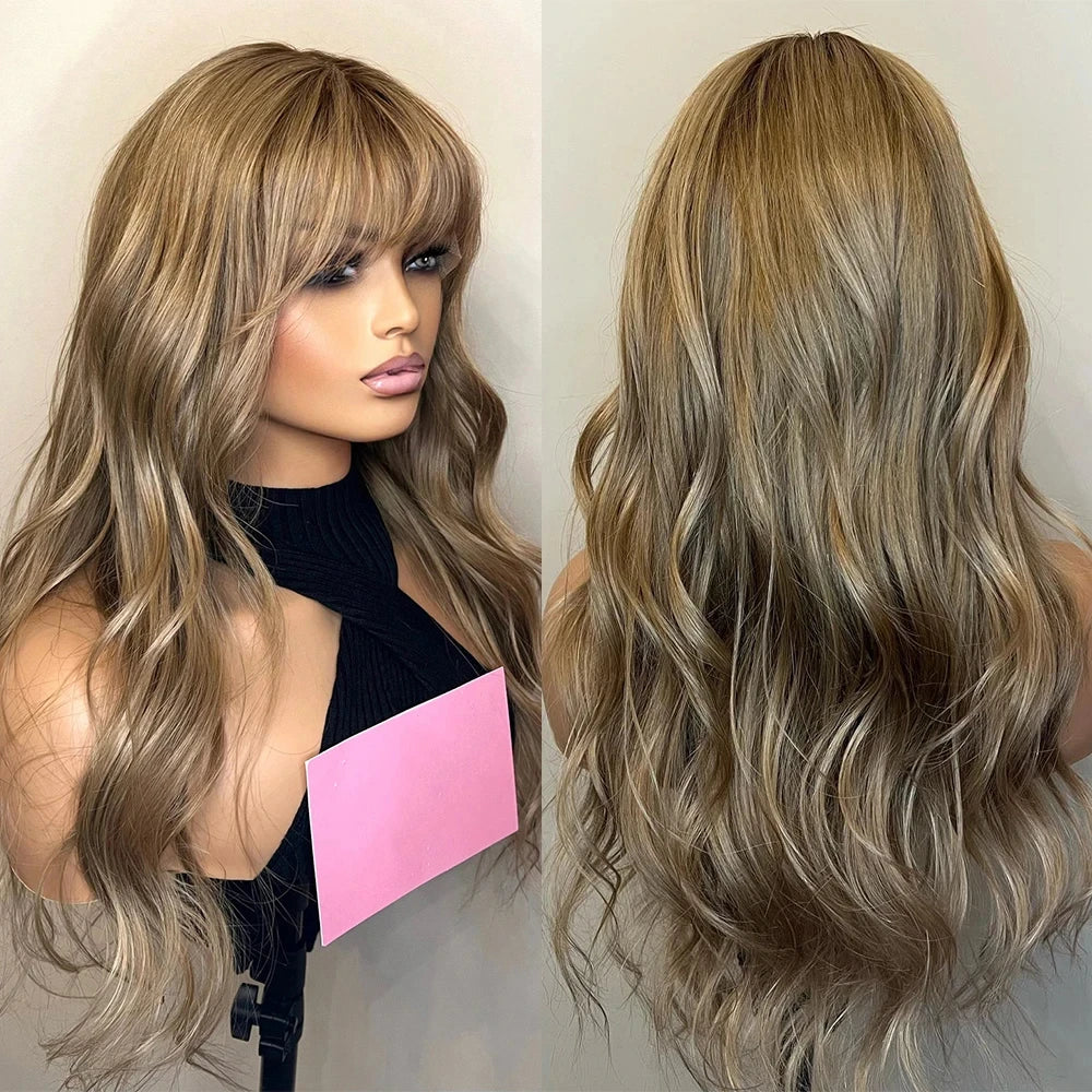 Bangs Wig Full Lace Highlight Wig Light Brown Roots Caramel Blonde 180% Density