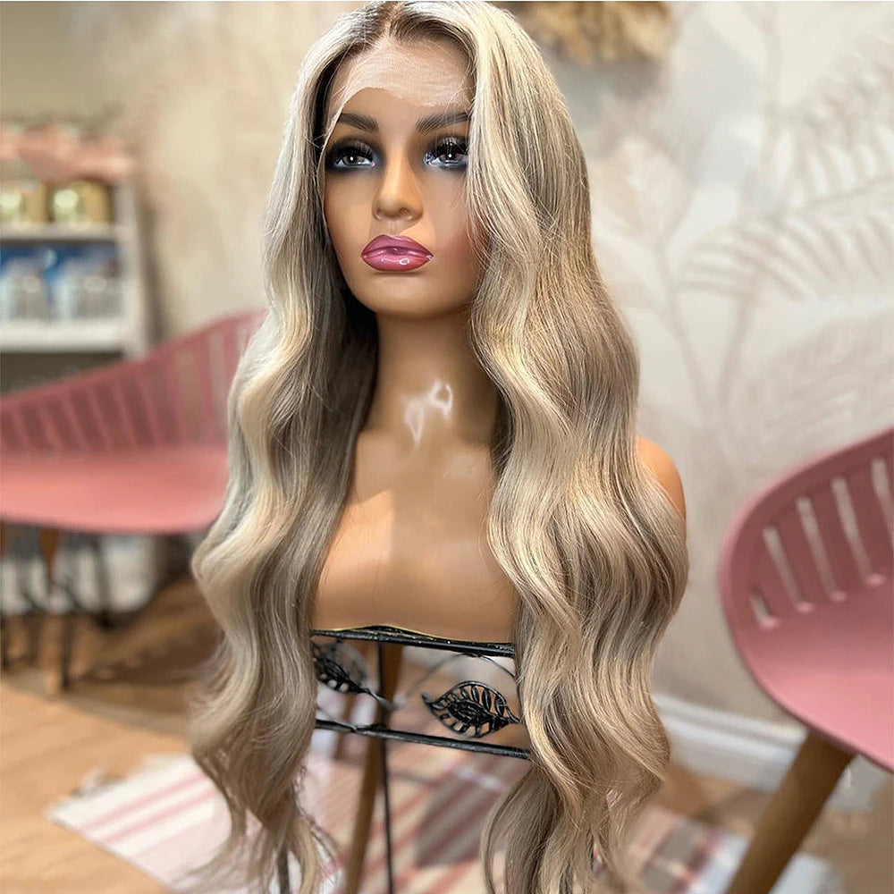 Highlight Blonde Lace Front Wigs Human Hair Brown Roots loose body Wavy 360 Lace Frontal Wig