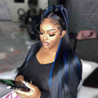 Thumbnail for Straight Highlight Black With Blue Lace Frontal Wigs Human Hair Wig Glueless