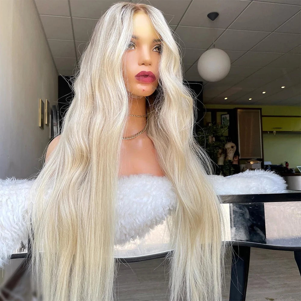 100% Brazilian Human Hair Wigs Highlights Golden Blonde Full Lace Wig with Ash Roots HD Slight Natural Wave