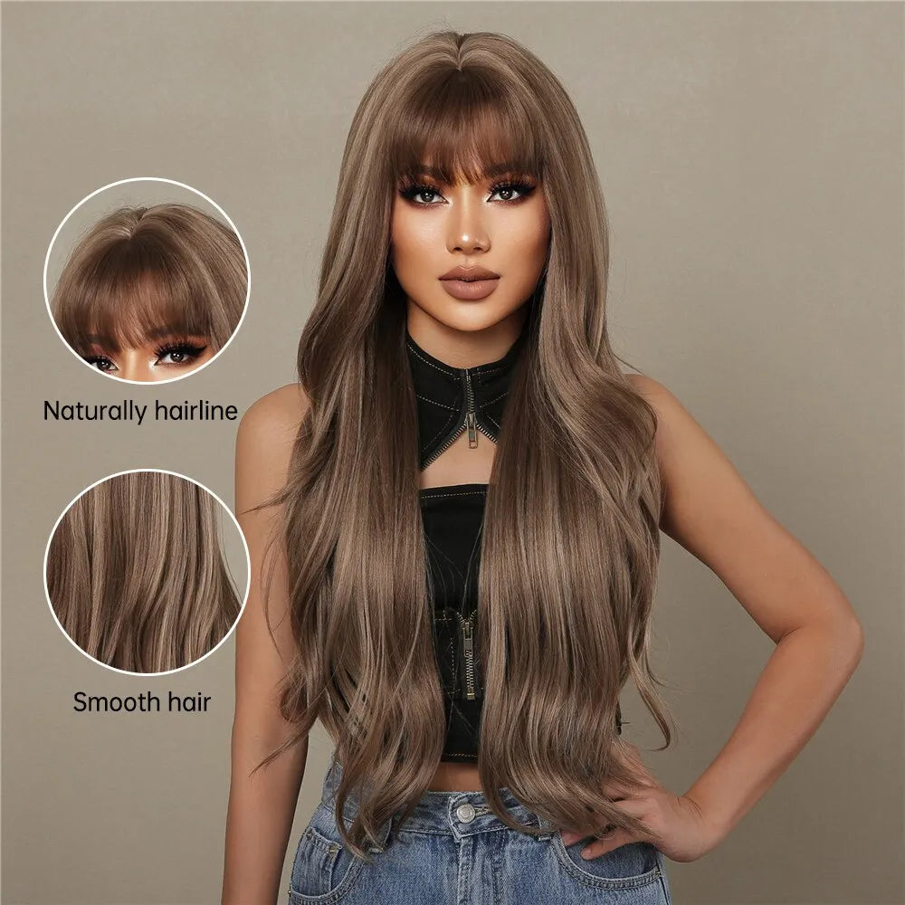 Brown Mixed Blonde Synthetic Wigs with Bang Long Natural Wavy Hair