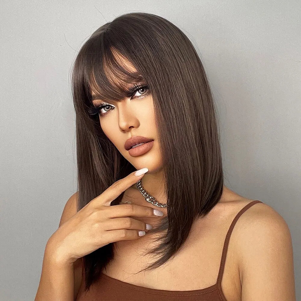 Brown Straight Wigs With Bangs For With Dark Roots