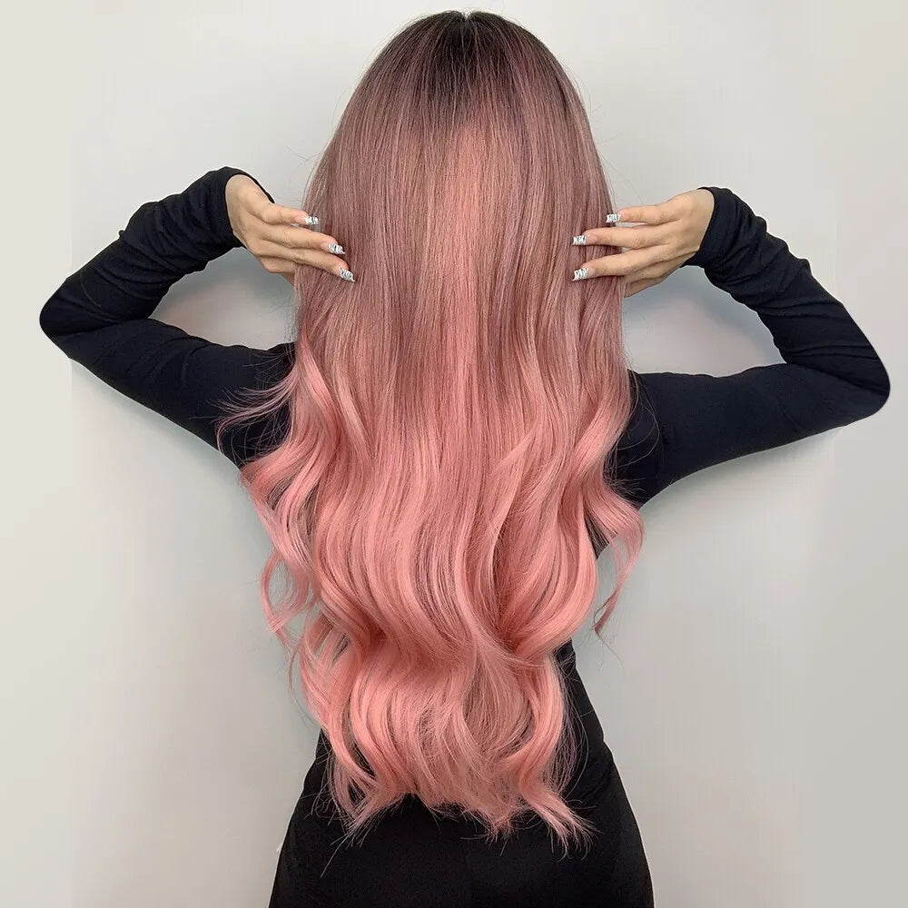 Pink Wigs Wavy Wig Middle Part  Synthetic Heat Resistant Wig Natural Hair Looking