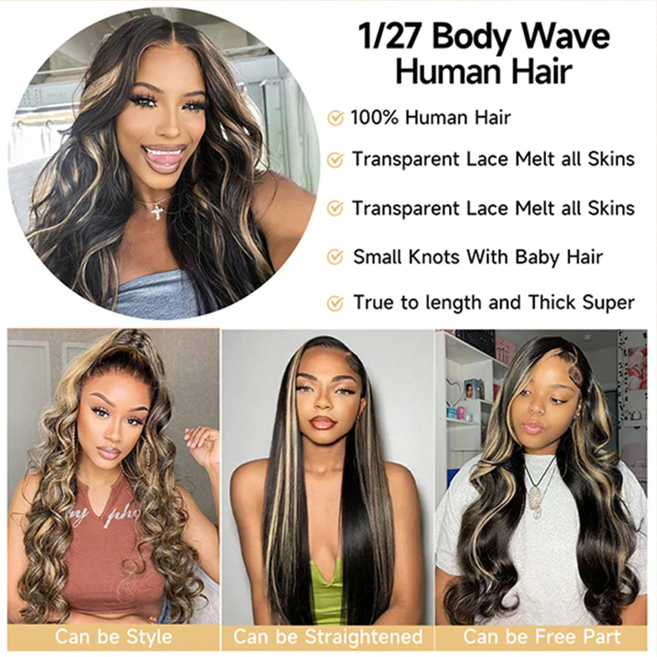 Blonde Highlight Body Wave Lace Front Human Hair Wig  1B/27