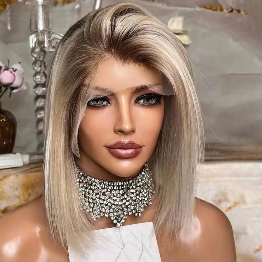 Straight Short Bob Wig 13x6  Ash Blonde Colored Lace Front Wig Human Hair Brazilian Remy HD Transparent Lace Wig