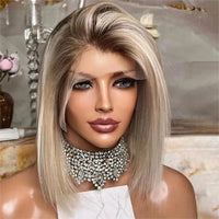 Thumbnail for Straight Short Bob Wig 13x6  Ash Blonde Colored Lace Front Wig Human Hair Brazilian Remy HD Transparent Lace Wig