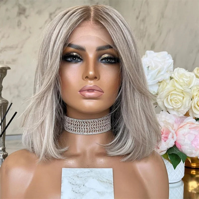 Short Bob human hair lace Wigs Ash Blonde Highlights Platinum Blonde