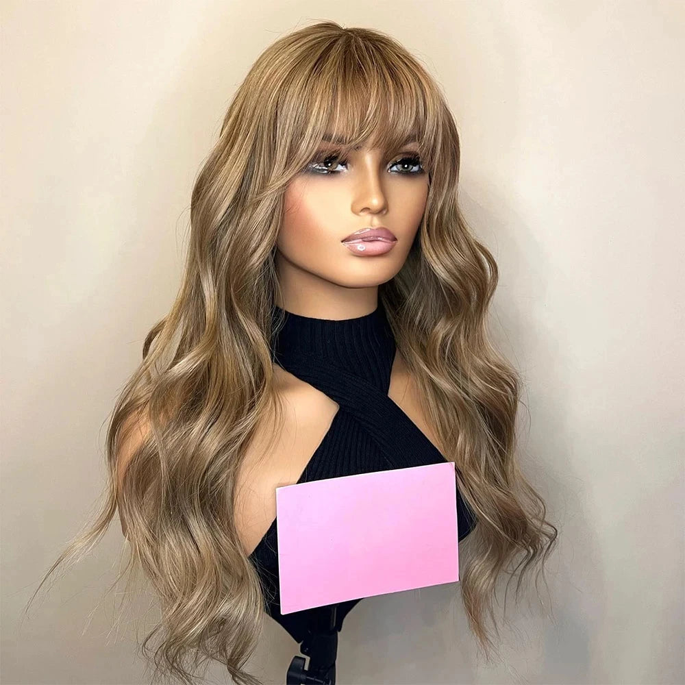 Bangs Wig Full Lace Highlight Wig Light Brown Roots Caramel Blonde 180% Density