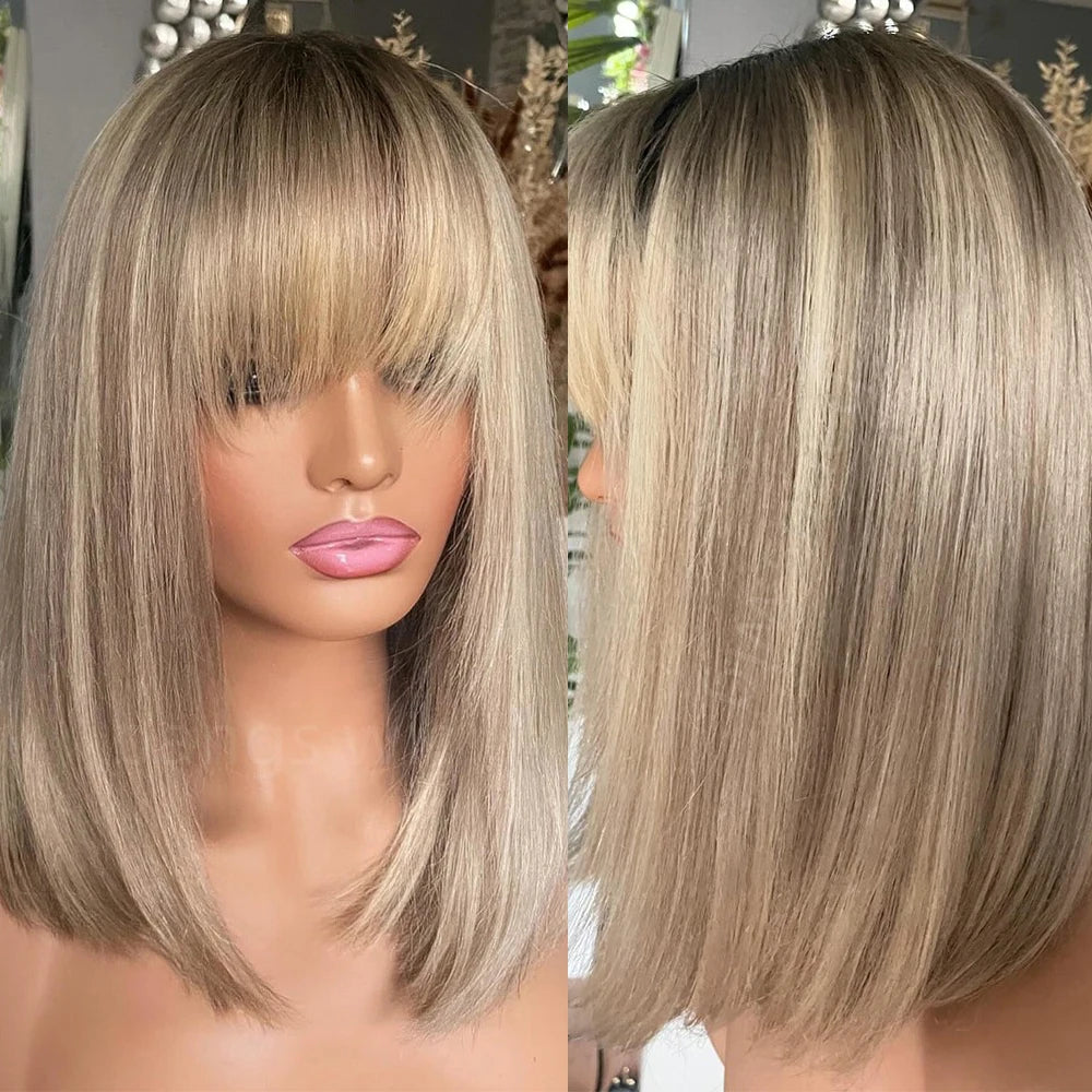 100% Virgin Human Hair Bob Wig Light Ash Blonde Lace Frontal Wig with Bangs