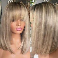 Thumbnail for 100% Virgin Human Hair Bob Wig Light Ash Blonde Lace Frontal Wig with Bangs