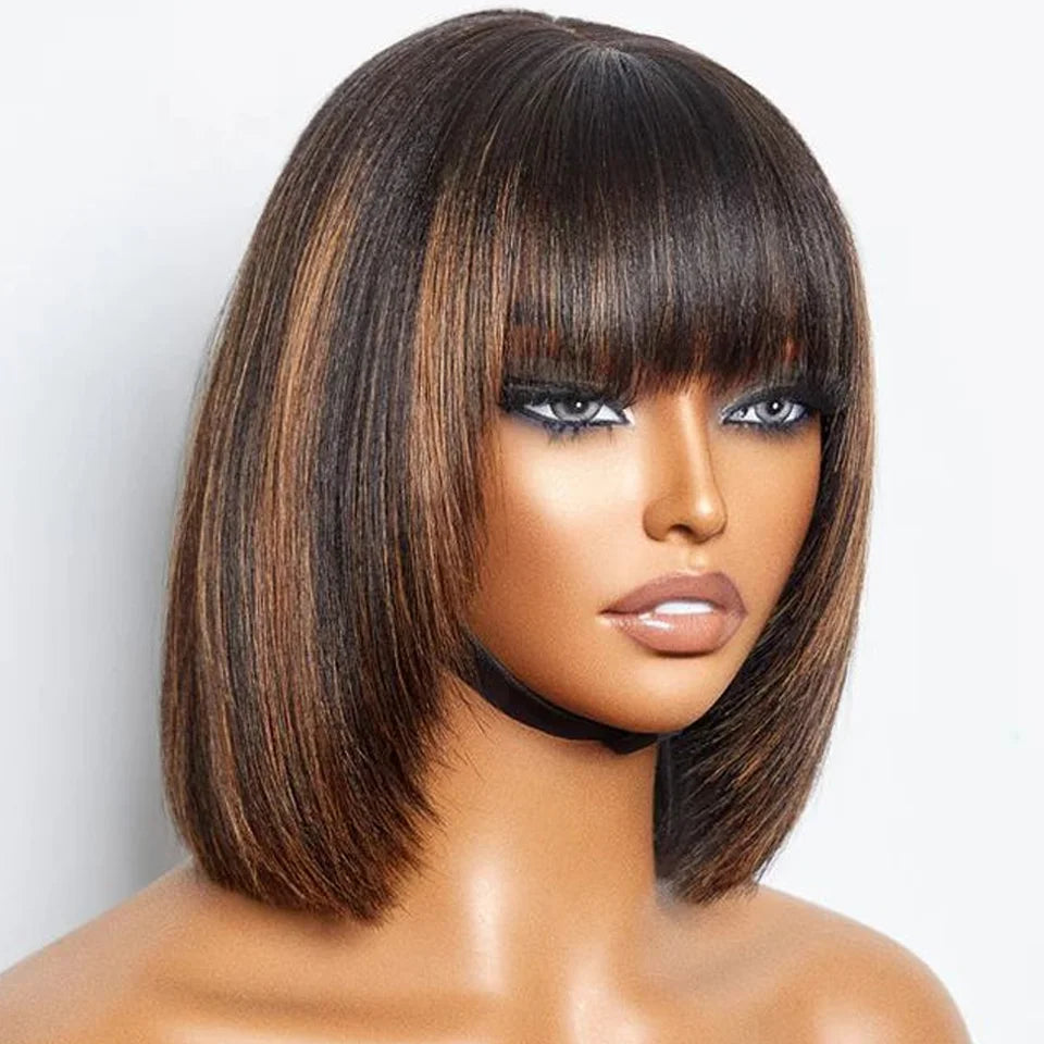 Glueless Human Hair Wig Ready To Wear Brazilian Bob  With Bangs