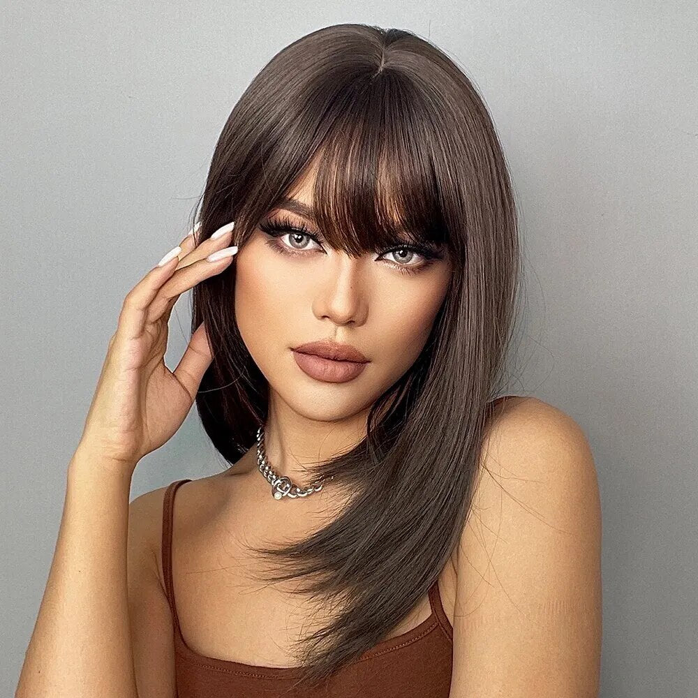 Brown Straight Wigs With Bangs For With Dark Roots