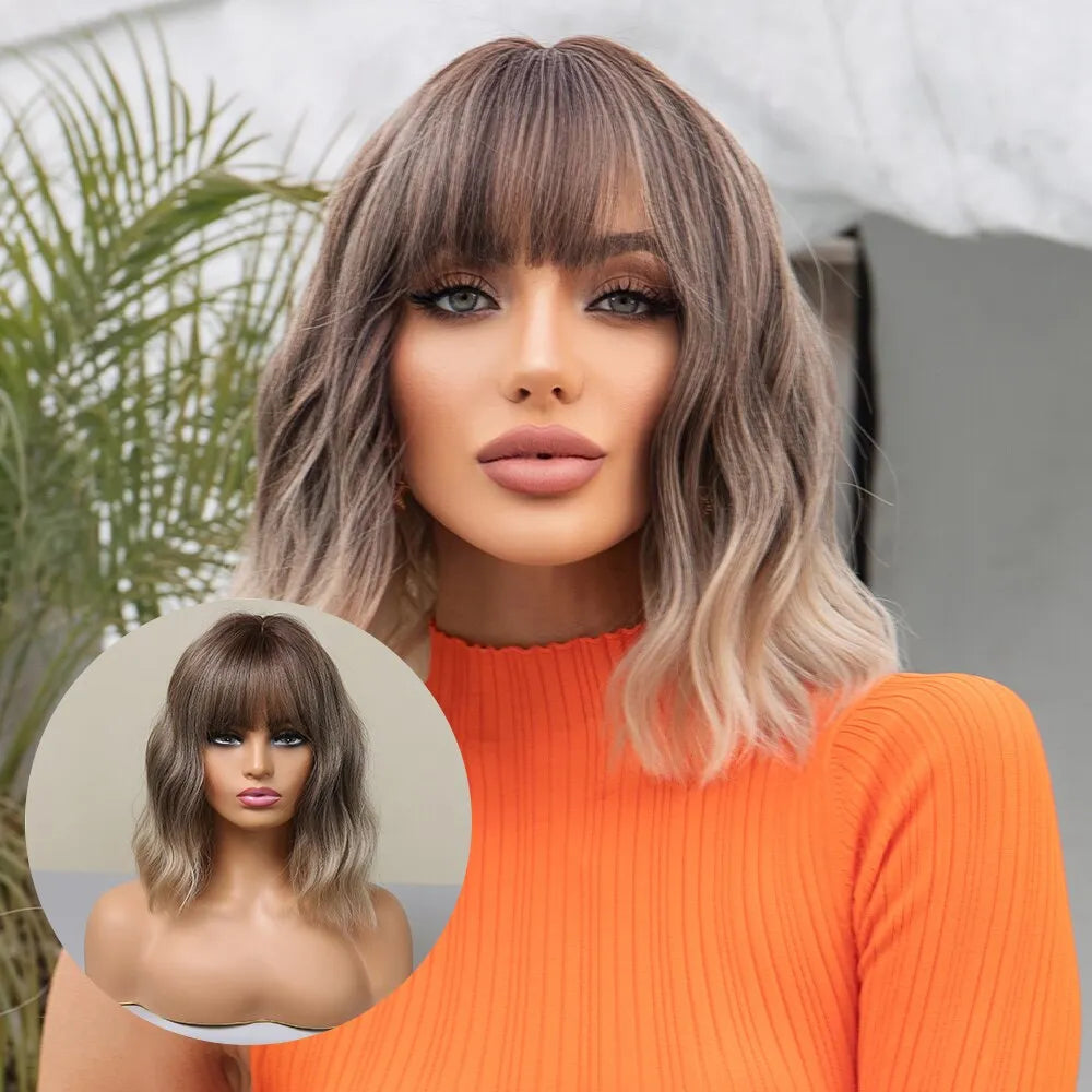 Grey Wavy Bob Wigs with Bangs Short Blonde Ombre Synthetic Wig