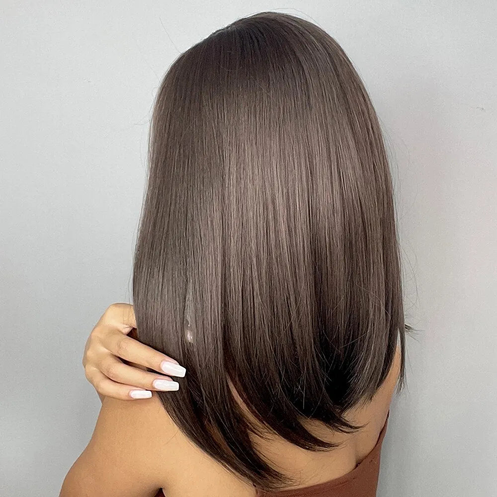 Brown Straight Wigs With Bangs For With Dark Roots