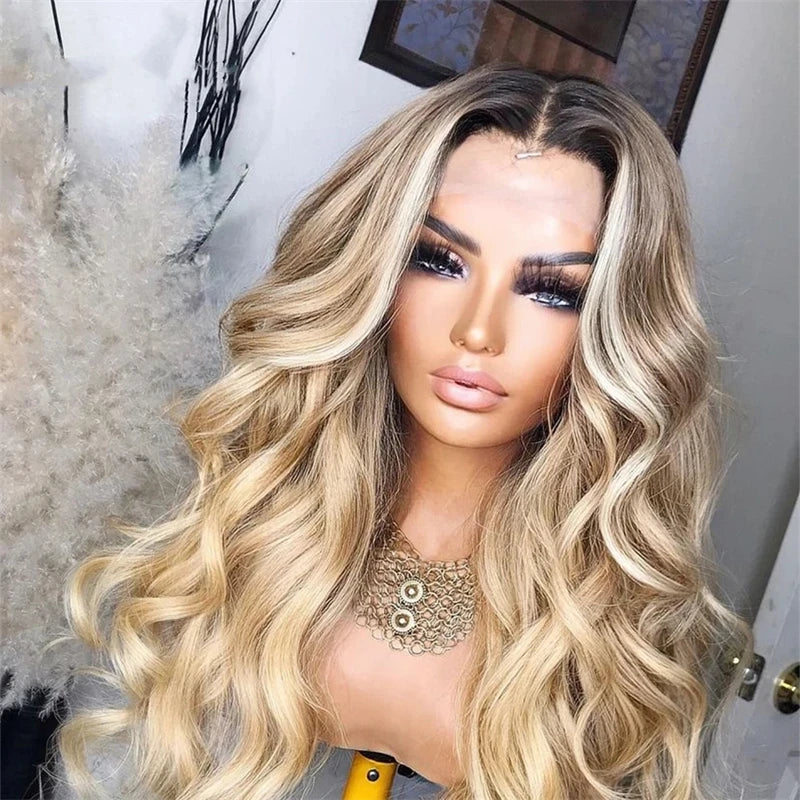 Ash Blonde Human Hair Wigs Natural wave HD Transparent Lace Brown Roots Ombre Pre Plucked Blonde HD