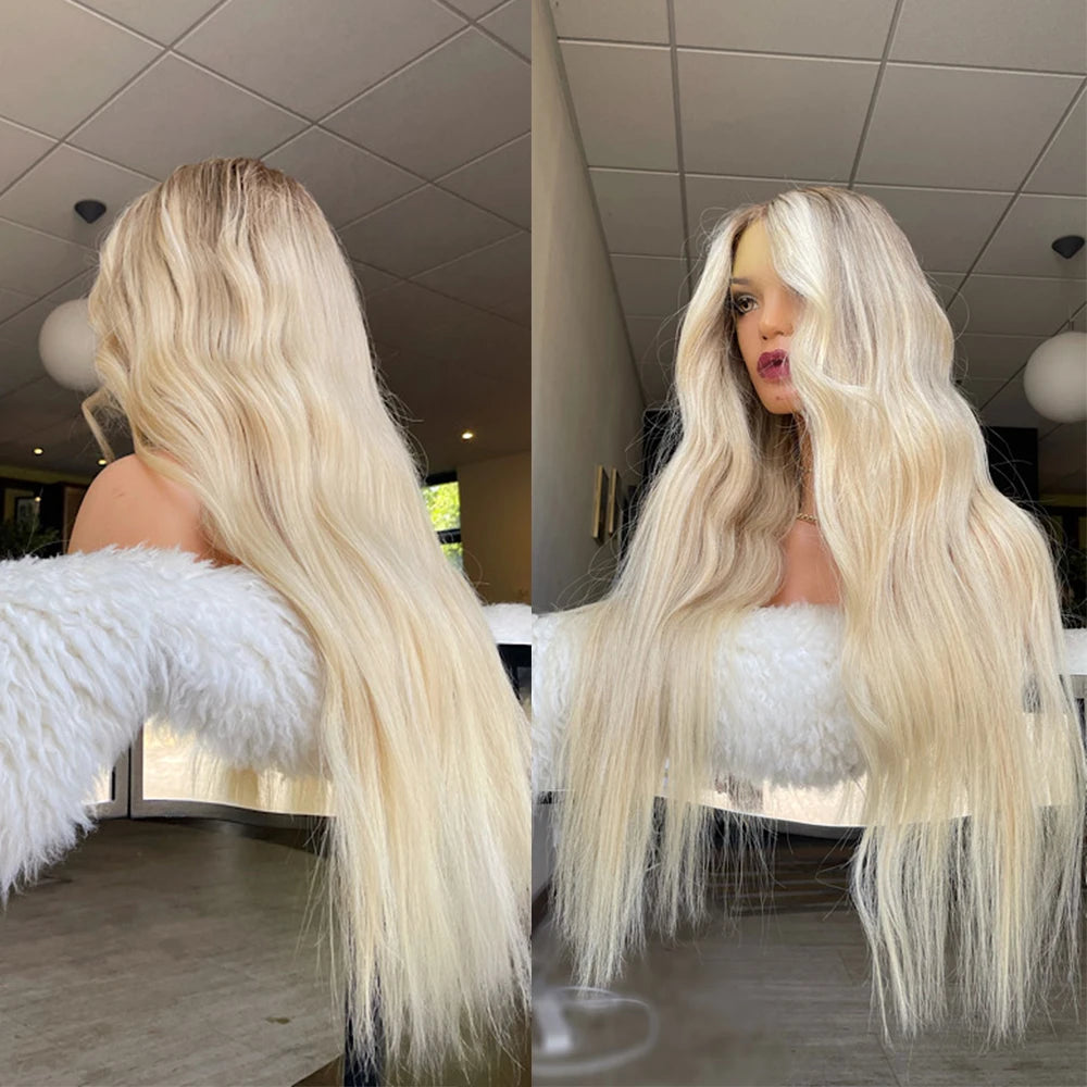 100% Brazilian Human Hair Wigs Highlights Golden Blonde Full Lace Wig with Ash Roots HD Slight Natural Wave