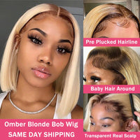 Thumbnail for Short Bob Wig Ombre Blonde Lace Front Human Hair Wigs Straight 150 Density