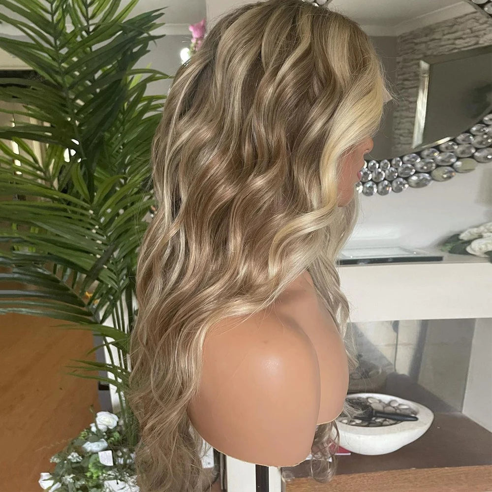 Highlights Blonde Light Ash Root Melting Wig Loose Wave 100% Premium Virgin Human Hair Wig