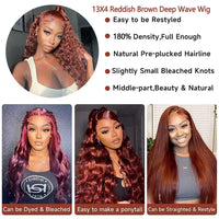 Thumbnail for Reddish Brown Deep Wave Curly Lace Front Brazilian Human Hair Wigs