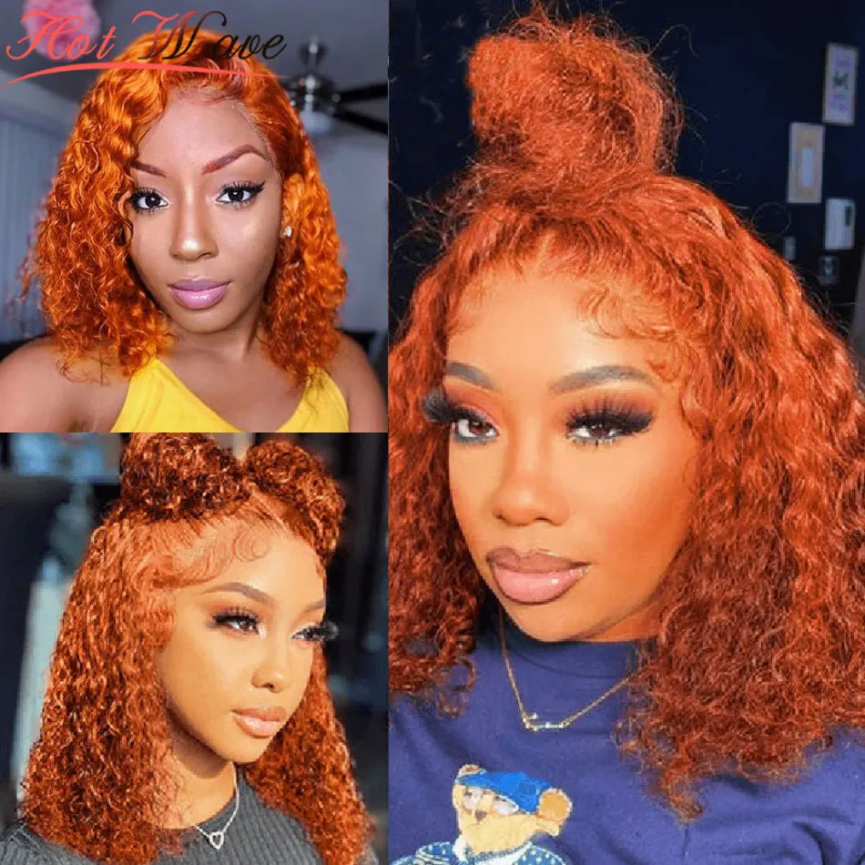 Orange Brown  Deep Wave  Curly Human Hair Wigs PrePlucked