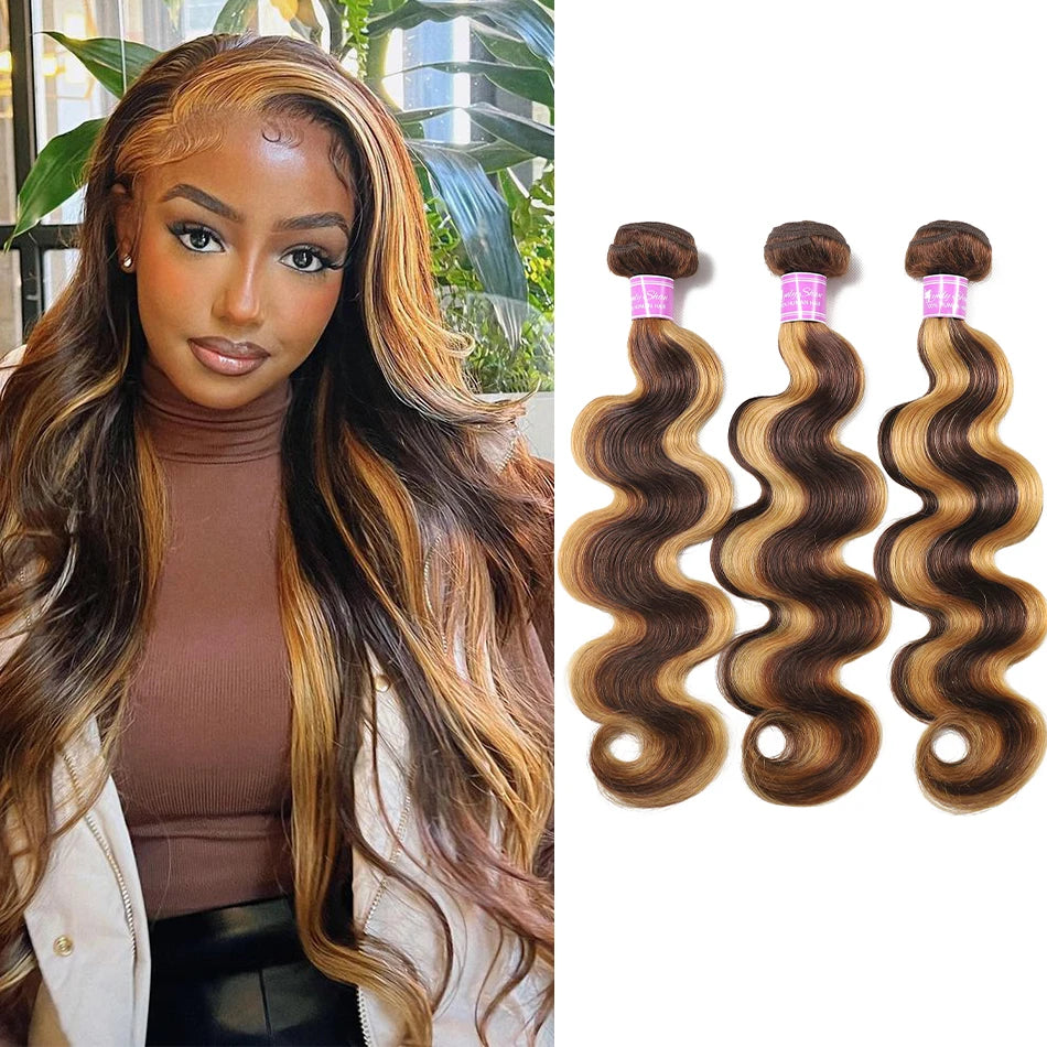 4/27 Brown Highlight Body Wave Human Hair 3/4 Bundles Brazilian Remy Hair Ombre Hair Bundles